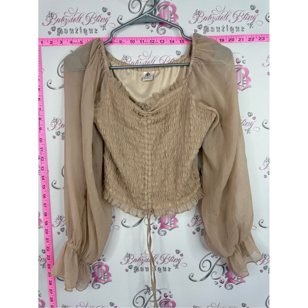 Athena milkmaid smock shirt Beige Smocked Sheer Sleeve Blouse